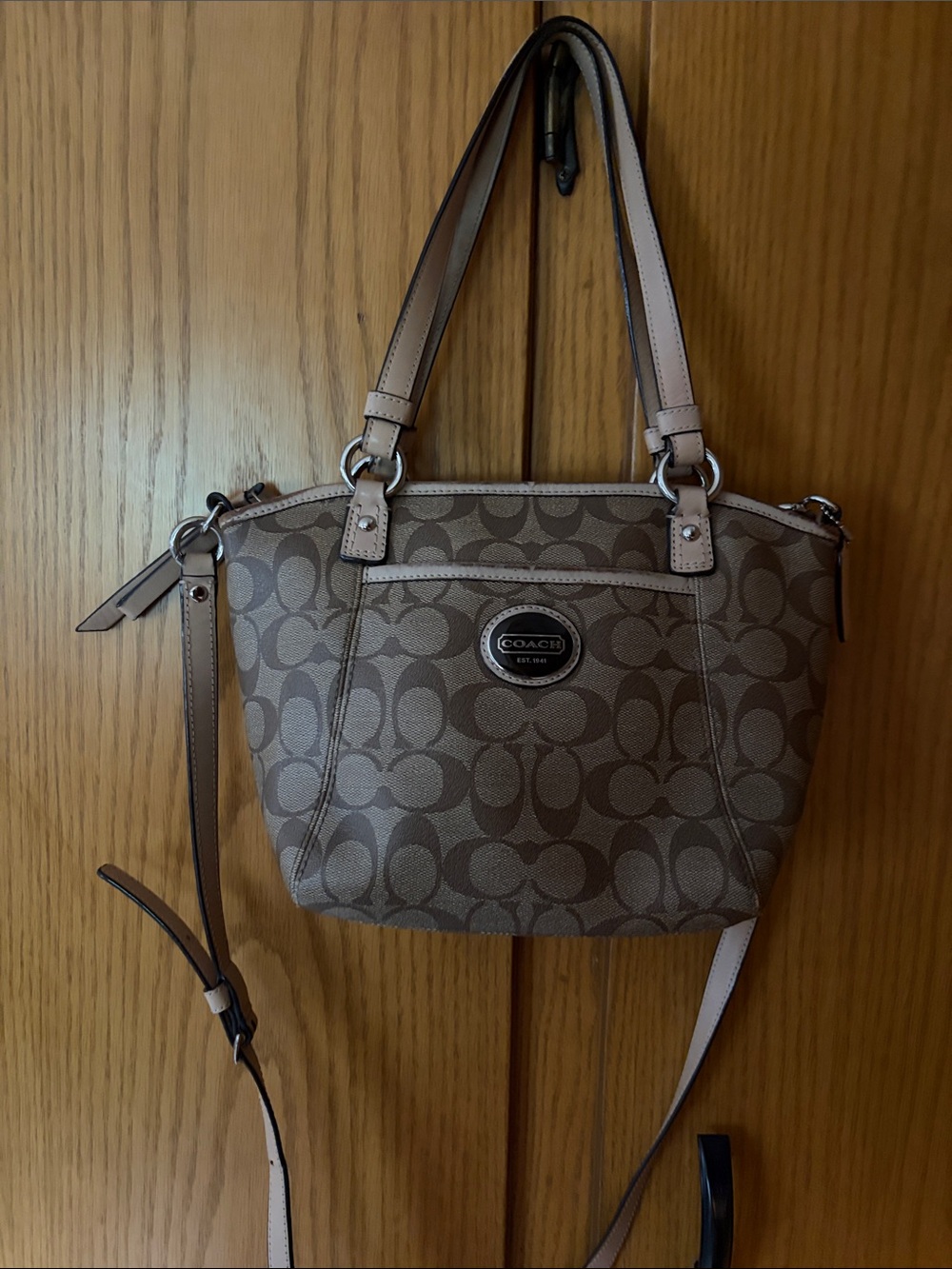 Coach Monogram Shoulder Bag in Brown and Tan 9” x 8” x 4” GUC w/ transfer